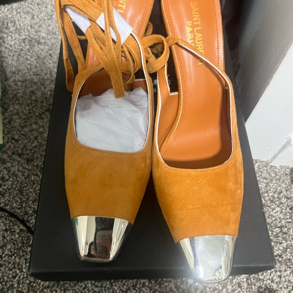 Copy Saint Laurent Women's Tan Suede Shoes with Silver Accents NEVER WORN